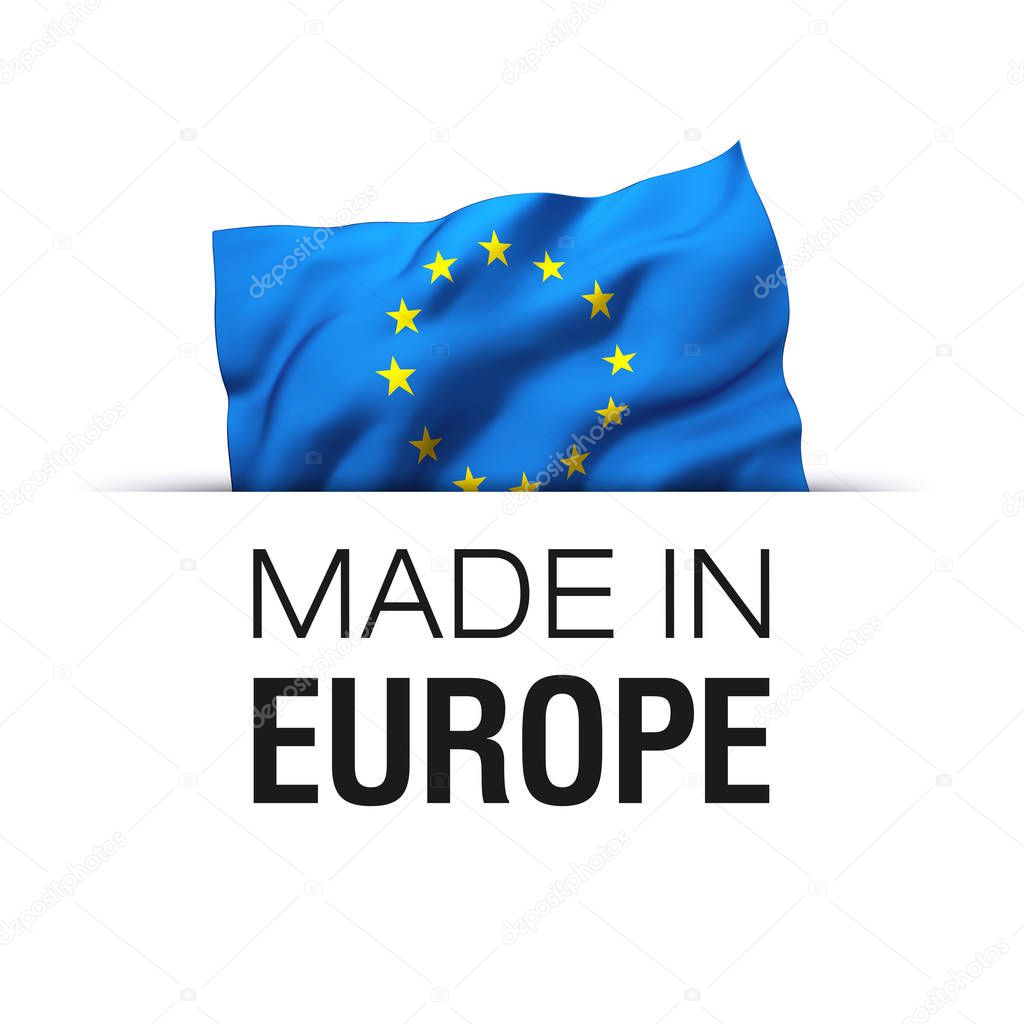 Made in EU Europe - Guarantee label with a waving flag of European Union.