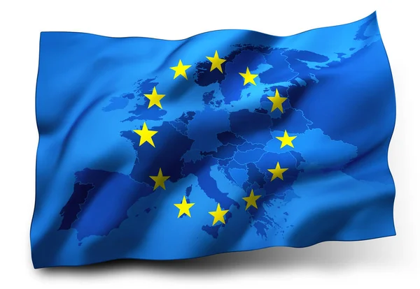 Vlag Van Europese Unie Waait Wind Kaart Van Europa Binnen — Stockfoto