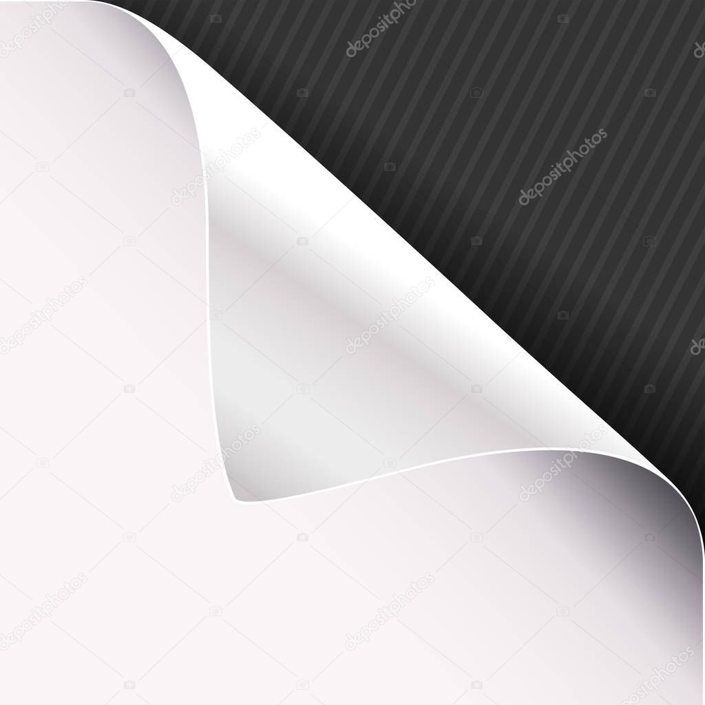 Curled corner of white paper on a black right top angle background. Vector illustration.