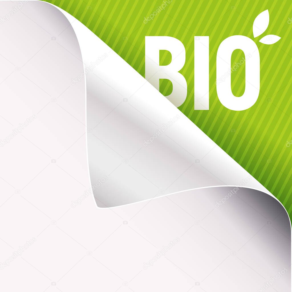 Curled corner of white paper on a green right top angle background. Bio slogan sign with leaves. Vector illustration.