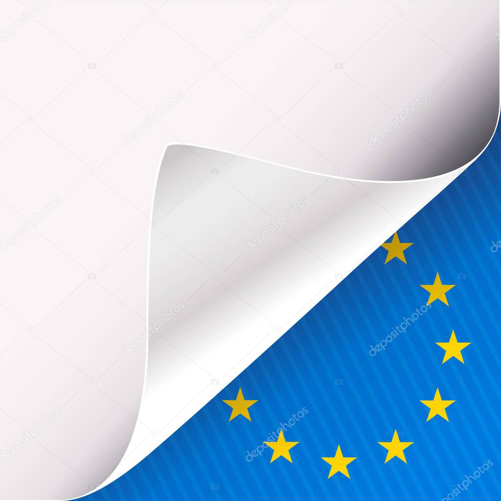 Curled corner of white paper on a blue right bottom angle background with European Union sign. Vector illustration.