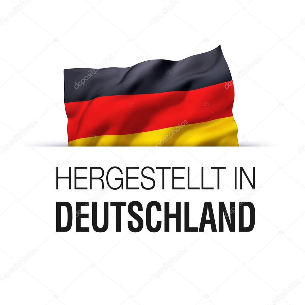 Made in Germany written in German language. Guarantee label with a waving German flag.