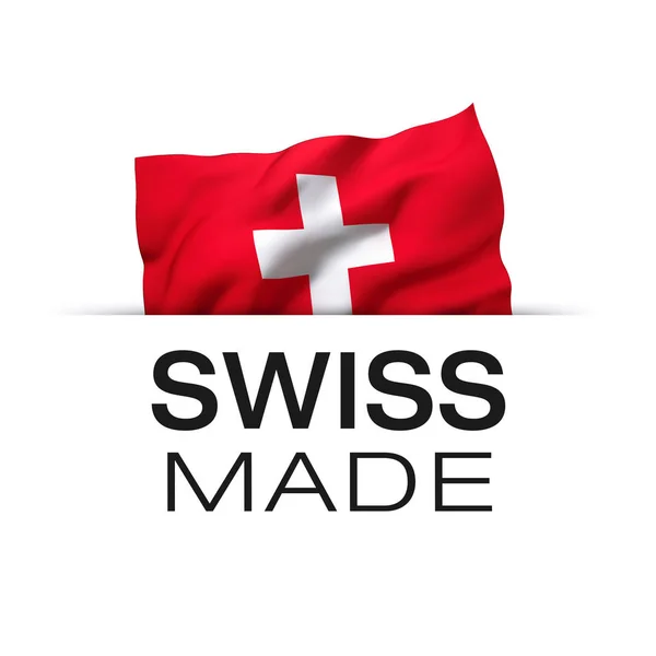 Swiss Made Garantieschild Mit Schwenkender Schweizer Flagge — Stockfoto