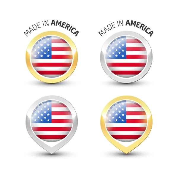 Made in America USA - Etichette rotonde con bandiere — Vettoriale Stock
