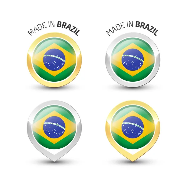 Made in Brazil - runde Etiketten mit Fahnen — Stockvektor