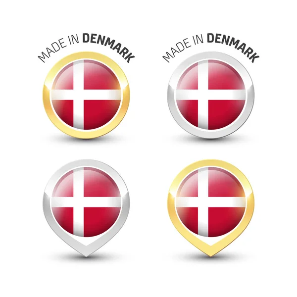 Hecho en Dinamarca - Etiquetas redondas con banderas — Archivo Imágenes Vectoriales