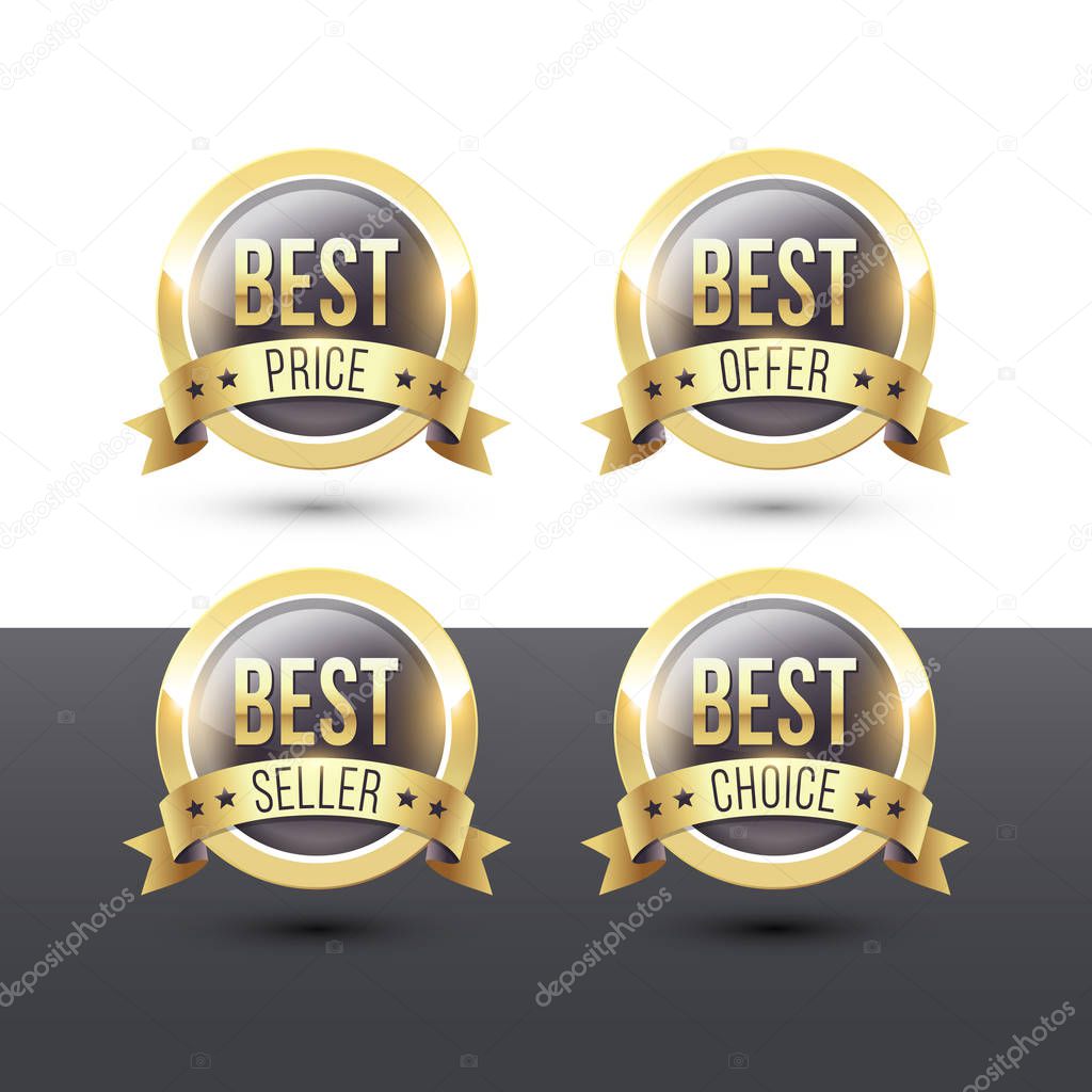 Vector icons set of round quality labels with metallic gold border and ribbon banner. Best price. Best offer. Best seller. Best choice.