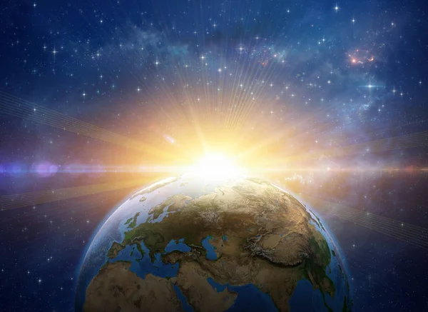 Sunrise, explosion, meteor impact on planet Earth from space 
