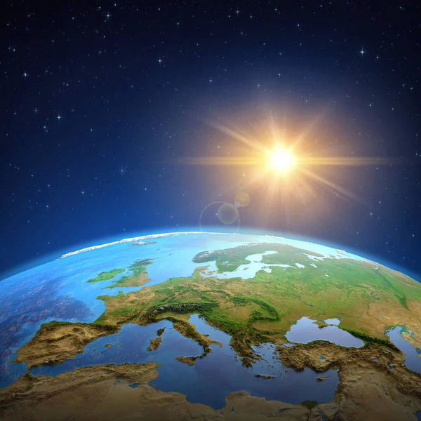 Sole che splende sulla Terra dallo spazio — Foto Stock
