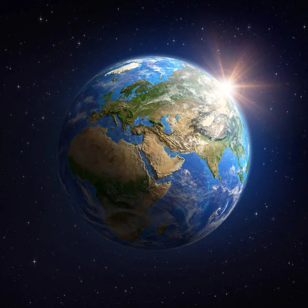 Słońce świeci na ziemi z kosmosu — Zdjęcie stockowe