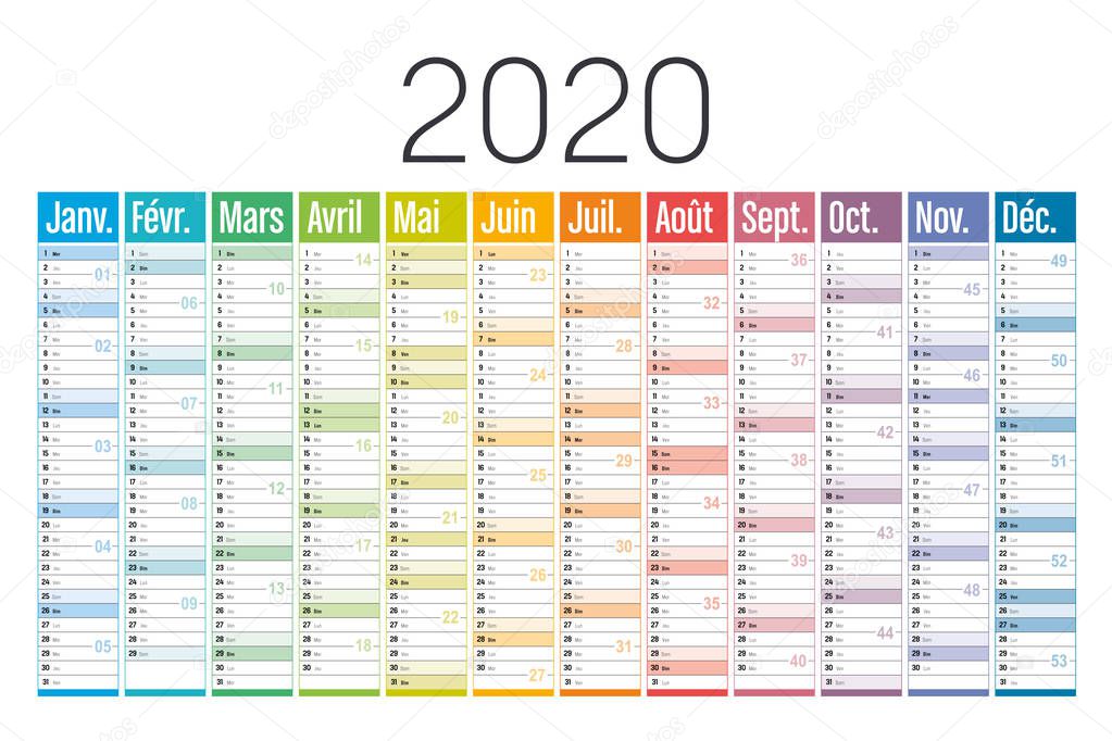 Year 2020 French colorful calendar