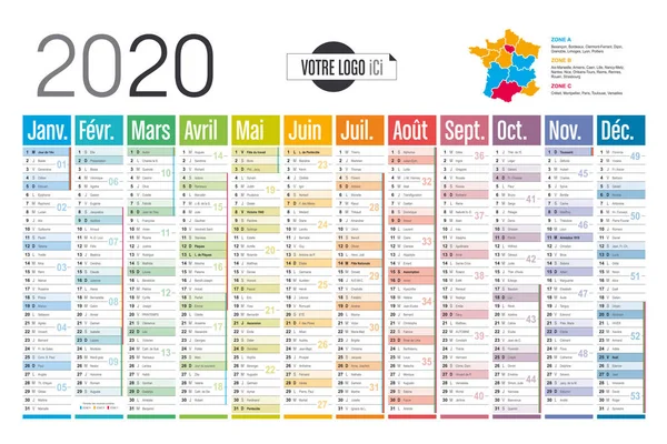 2020 рік Французький колоритний календар — стоковий вектор
