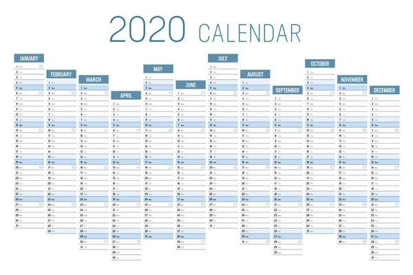 Año 2020 una página calendario no alineado — Archivo Imágenes Vectoriales