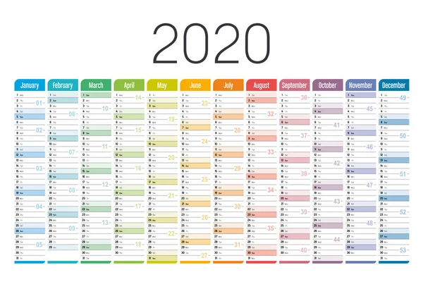 Colorido calendario horizontal 2020 — Archivo Imágenes Vectoriales