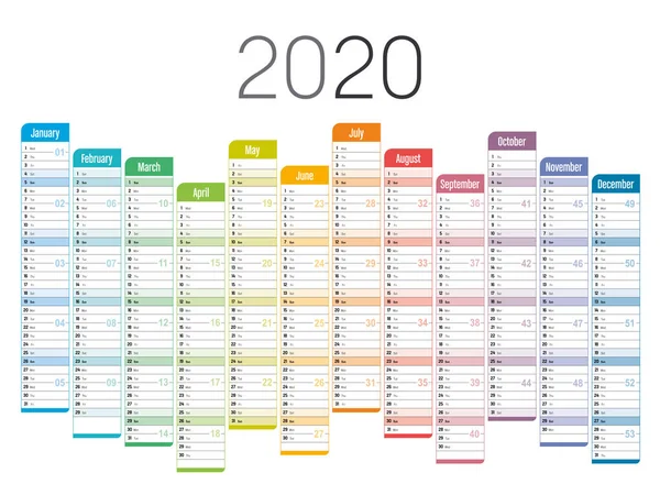 Colorido 2020 una página calendario no alineado — Archivo Imágenes Vectoriales