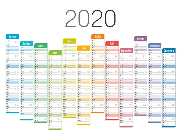 Colorido calendario francés 2020 no alineado — Archivo Imágenes Vectoriales