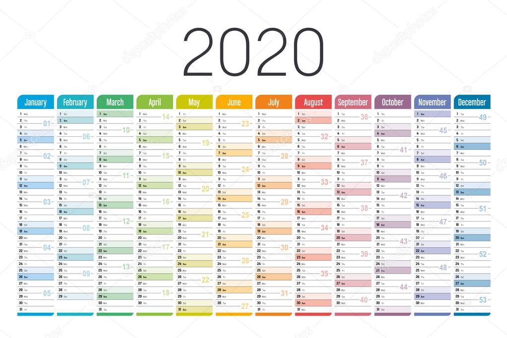 Colorful 2020 horizontal calendar