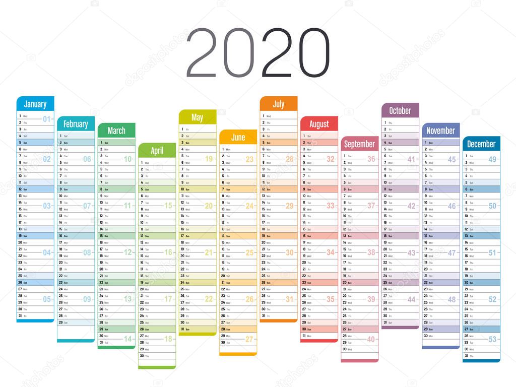 Colorful 2020 one page unaligned calendar