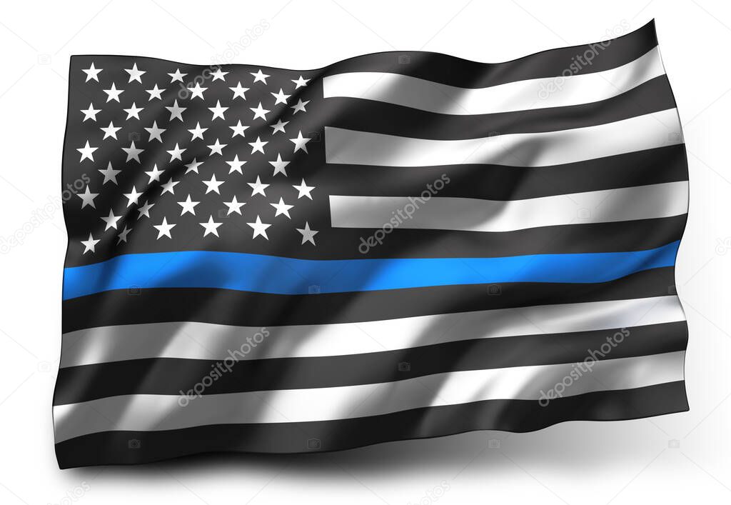 Black lives matter flag, with a bue stripe, blowing in the wind. Striped black and white USA flying flag, isolated on white background. 3D illustration.