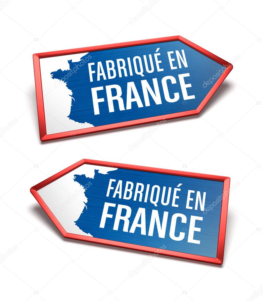 Made in France - Blue, white and blue labels with a map of France, text in French language. French certificate inside arrow icon shapes, pointing left and right.