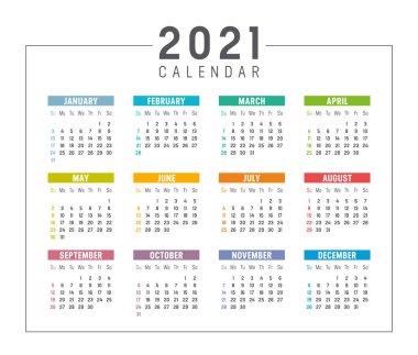 Renkli yıl 2021 takvimi beyaz arkaplanda izole edildi. Hafta pazar günü başlıyor. Vektör şablonu.