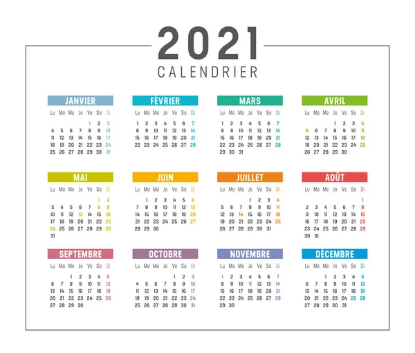 Año Colorido 2021 Calendario Aislado Lengua Francesa Sobre Fondo Blanco — Archivo Imágenes Vectoriales