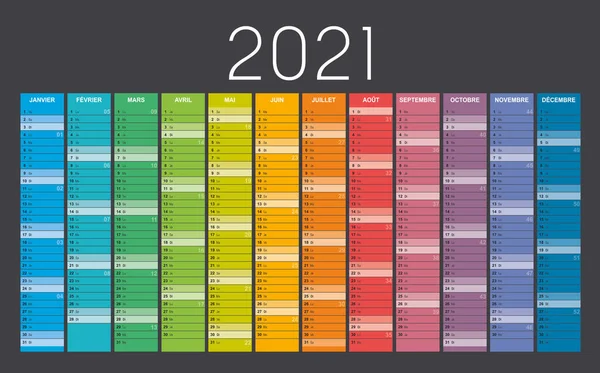 2021 Рік Кольоровий Календар Стіні Французькою Мовою Тижнями Номерів Чорному — стоковий вектор