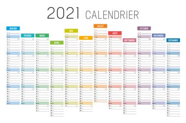 Yıl 2021, beyaz arka planda Fransızca dilinde renksiz takvim. Vektör şablonu.