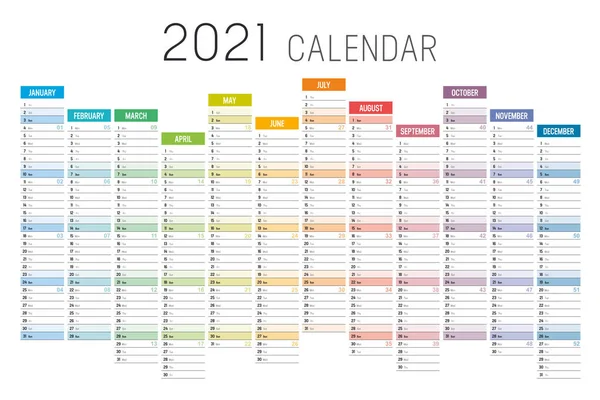 2021 Рік Барвистий Однозначний Календар Білому Тлі Векторний Шаблон — стоковий вектор