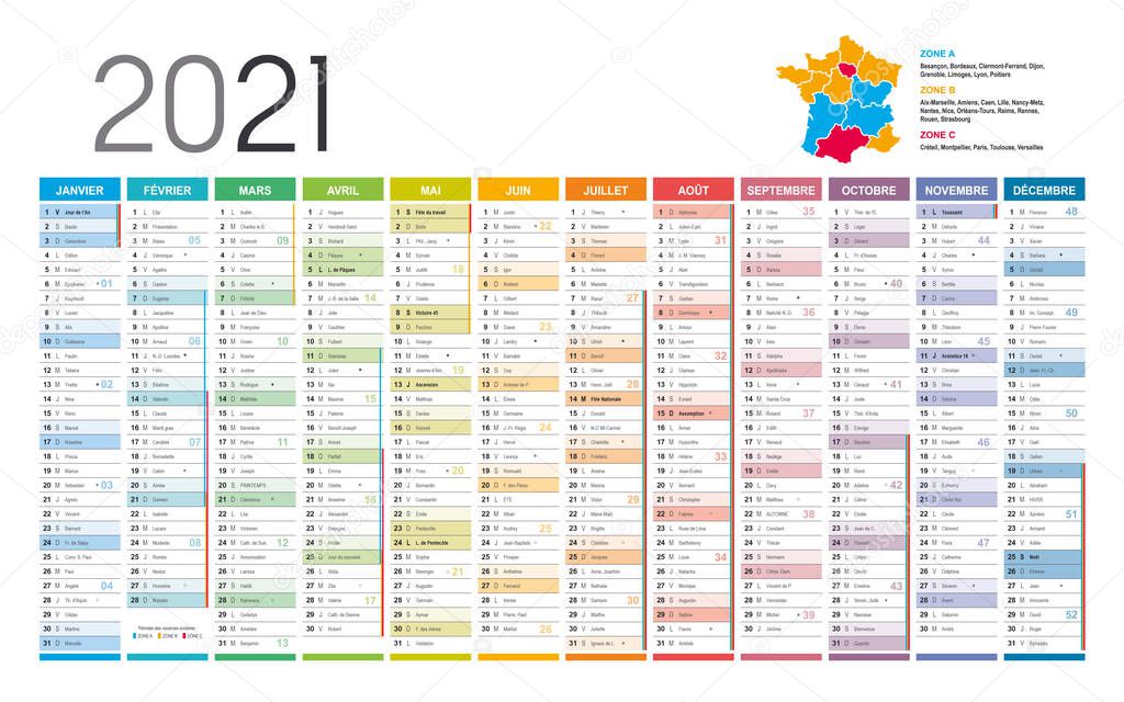 Year 2021 colorful wall calendar, in French language, on white background. Vector template