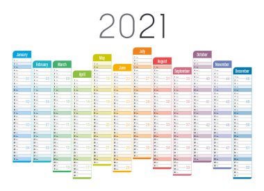 Yıl 2021 Bir sayfa tarafsız takvim, beyaz arka planda çok renkli. Vektör şablonu.