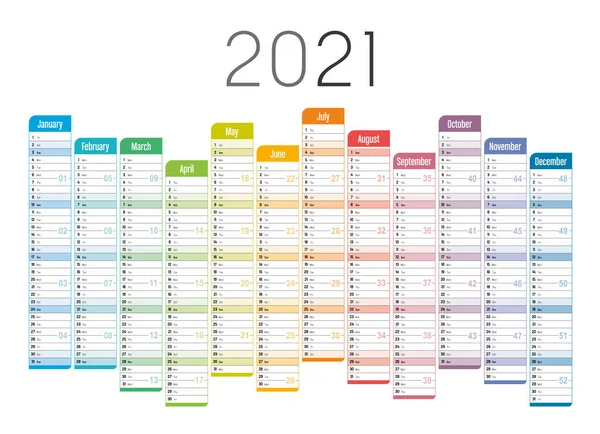 Año 2021 Una Página Calendario Alineado Multicolor Sobre Fondo Blanco — Archivo Imágenes Vectoriales