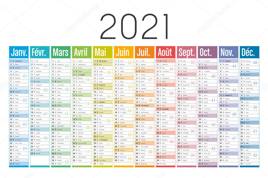 Year 2021 one page colorful calendar, in French language, on white background. Vector template.