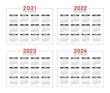 2021 Yılı 2022 2023 Minimalist takvimler belirlendi, beyazda izole edildi, haftalar pazar günü başlıyor. Vektör şablonları.