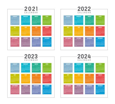 Years 2021 2022 2023 2024 colorful calendars set, isolated on white, weeks start Sunday. Vector templates. vector