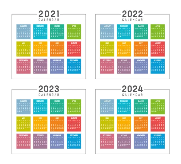 Роки 2021 2022 2023 2024 Набір Барвистих Календарів Ізольовані Білому — стоковий вектор