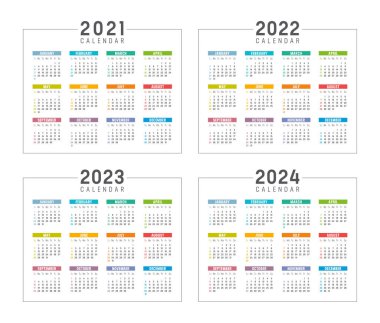 Years 2021 2022 2023 2024 colorful calendars set, isolated on white, weeks start Sunday. Vector templates. vector