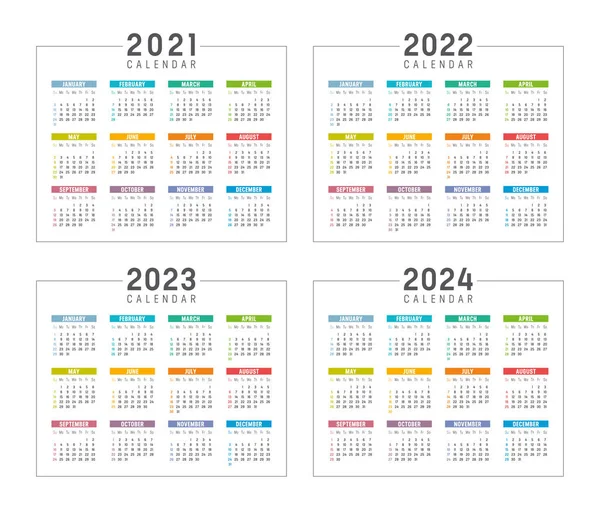 Years 2021 2022 2023 2024 Colorful Calendars Set Isolated White Vector Graphics