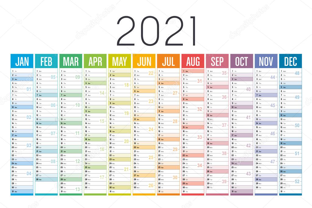 Year 2021 one page colorful calendar, on white background. Vector template.