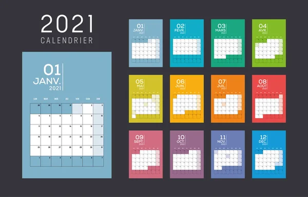 Anno 2021 Calendario Mensile Colorato Lingua Francese Modello Vettoriale — Vettoriale Stock