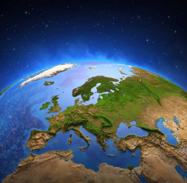 Dünya Gezegeni 'nin yüzeyi bir uydudan izlendi ve Avrupa' ya odaklandı. Avrupa ülkelerinin fiziksel haritası. 3D illüstrasyon - NASA tarafından desteklenen bu görüntünün elementleri.