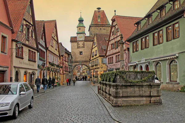 Zobacz Stare Street Rothenburg Niemcy Średniowieczne Miasto Niemczech Popularna Miejscowość — Zdjęcie stockowe