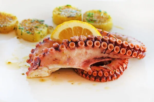 Grilled Octopus Potatoes Lemon White Plate Close — Stock Photo, Image