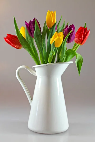 Bouquet Tulipes Multicolores Fraîches Avec Gouttes Rosée Dans Une Cruche — Photo