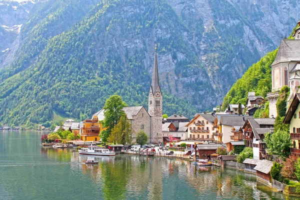 Kilátás Hallstatt Falu Hallstater Lásd Alpokban Ausztriában Népszerű Turisztikai Célpont — Stock Fotó