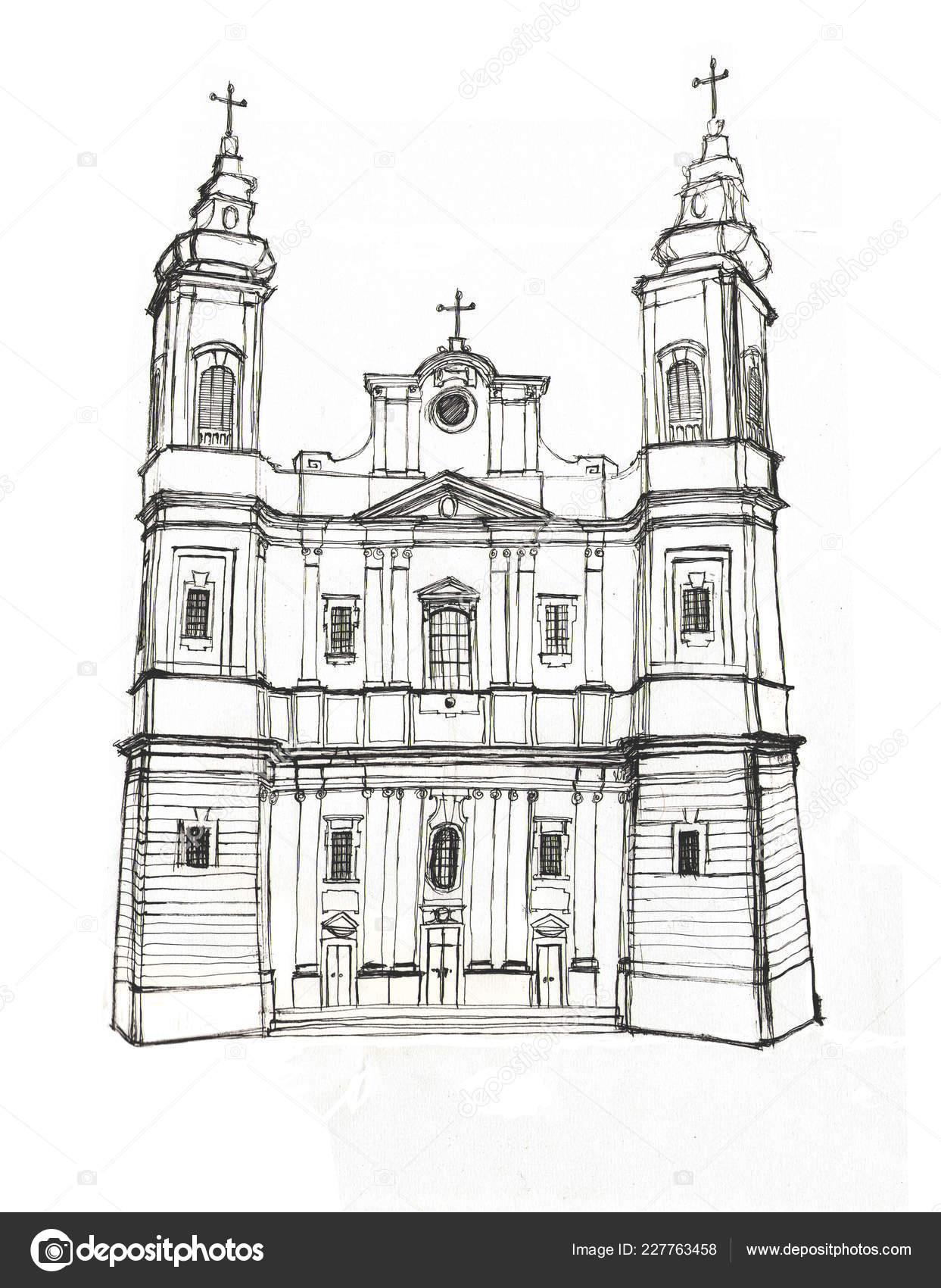 Baroque Church Oradea Romania Hand Illustration Pencil Drawing — Stock