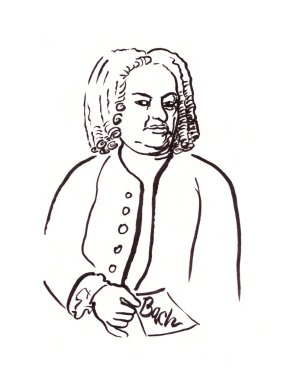 Bach elinde küçük bir not ile portre çizdi