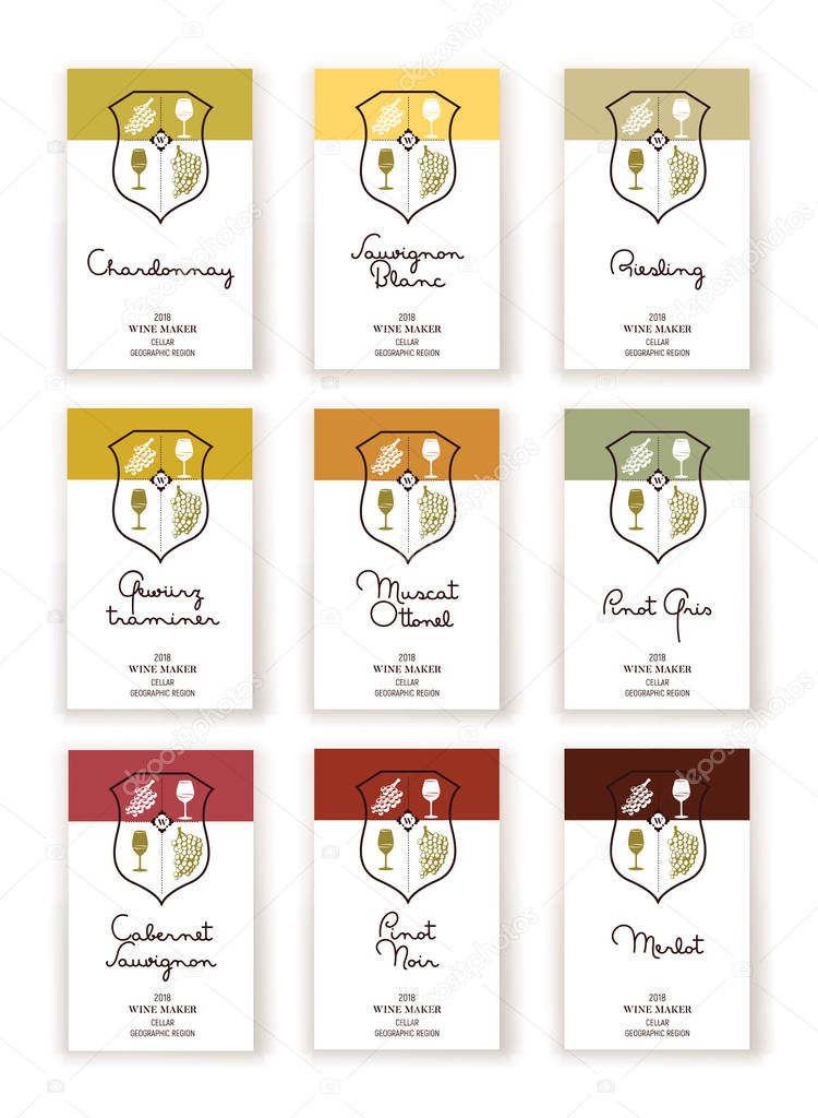 Set of nine Wine label templates for white and red wine varieties