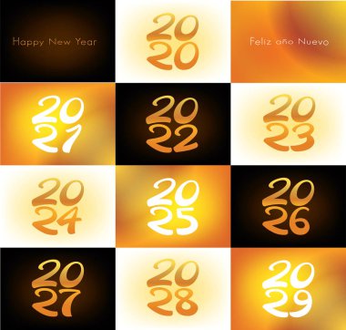 Happy new year from 2020 to 2029 in an elegant typographical style, in English and Spanish saying Happy New Year clipart