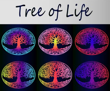 Parlak neon gökkuşağı hayat ağacı degrade arka plan üzerinde kümesi. Şık muska vektör